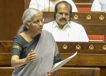 New Delhi: Union Finance Minister Nirmala Sitharaman speaks in the Rajya Sabha during the Monsoon session of Parliament in New Delhi, Tuesday, August 12, 2025. (Photo: IANS/Sansad TV)