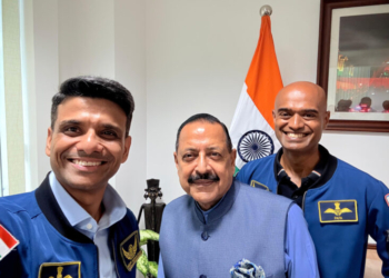 New Delhi: Astronaut Group Captain Shubhanshu Shukla clicks a selfie as fellow astronaut Group Captain Prashant G Nair and Union Minister Dr Jitendra Singh look on, in New Delhi on Thursday, August 21, 2025. (Photo: IANS/X/@DrJitendraSingh)