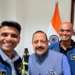 New Delhi: Astronaut Group Captain Shubhanshu Shukla clicks a selfie as fellow astronaut Group Captain Prashant G Nair and Union Minister Dr Jitendra Singh look on, in New Delhi on Thursday, August 21, 2025. (Photo: IANS/X/@DrJitendraSingh)
