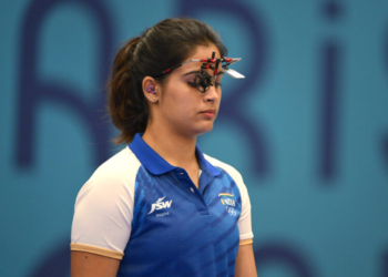 Chateauroux: India's Manu Bhaker reacts after getting eliminated from the 25m pistol women's final at the 2024 Summer Olympics in Chateauroux, France on Saturday, Aug 3, 2024.(IANS/Biplab Banerjee)