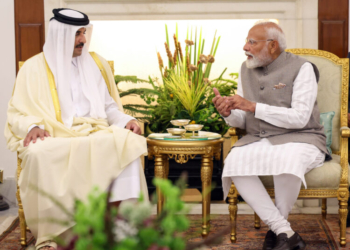 New Delhi: Prime Minister Narendra Modi with Qatar's Amir Sheikh Tamim Bin Hamad Al Thani at Hyderabad House in New Delhi on Tuesday, February 18, 2025. (Photo: IANS)