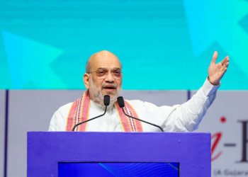 Gandhinagar: Union Home and Cooperation Minister Amit Shah speaks at the inauguration of the Startup Conclave 2025 at Mahatma Mandir in Gandhinagar, Gujarat, on Tuesday, September 23, 2025. (Photo: IANS/X/@Bhupendrapbjp)