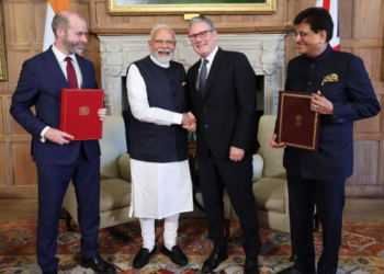PM and the Prime Minister of the United Kingdom, Mr. Keir Starmer witnessing the exchange ceremony of Comprehensive Economic and Trade Agreement (CETA) at London, in England on July 24, 2025.