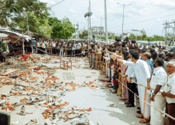 Karur: BJP MP Hema Malini, leading an eight-member NDA delegation, conducted a detailed on-ground assessment of the events leading to the stampede during the TVK rally in Karur on Tuesday, September 30, 2025. (Photo: IANS/X/@NainarBJP)