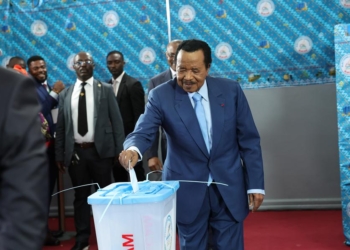 (251027) -- YAOUNDE, Oct. 27, 2025 (Xinhua) -- Paul Biya, president of Cameroon and candidate of the Cameroon People's Democratic Movement, casts his ballot at a polling station in Yaounde, capital of Cameroon, Oct. 12, 2025. Biya has been re-elected president of Cameroon for an eighth term, securing 53.66 percent of the votes, the country's Constitutional Council announced Monday. (Photo by Kepseu/Xinhua)