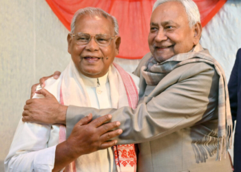 Patna: Chief Minister Nitish Kumar and former Chief Minister Jitan Ram Manjhi at the HAM Party office in Patna on Sunday, February 02, 2025. (Photo: IANS)