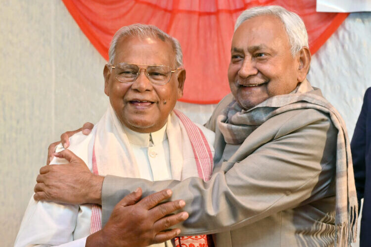 Patna: Chief Minister Nitish Kumar and former Chief Minister Jitan Ram Manjhi at the HAM Party office in Patna on Sunday, February 02, 2025. (Photo: IANS)