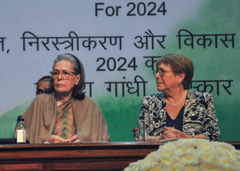 New Delhi: Indira Gandhi Memorial Trust Chairperson Sonia Gandhi and former President of Chile H.E. Michelle Bachelet during the presentation of the 2024 Indira Gandhi Prize for Peace, Disarmament & Development, at Jawahar Bhawan on Wednesday, November 19, 2025. (Photo: IANS/Qamar Sibtain)