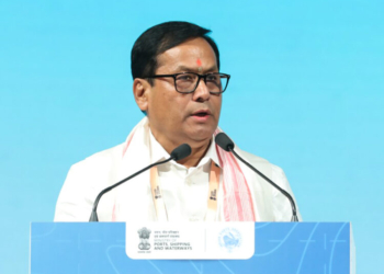 Mumbai: Union Minister of Ports, Shipping & Waterways Sarbananda Sonowal addresses the gathering during the inauguration of the fourth India Maritime Week 2025, in Mumbai on Monday, October 27, 2025. (Photo: IANS/X/@sarbanandsonwal)