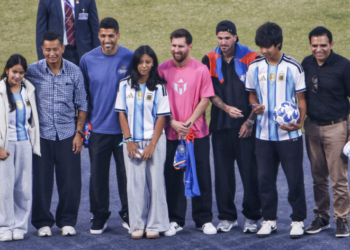 New Delhi: Argentina footballer Lionel Messi poses for a group photograph with Inter Miami teammates Luis Suarez and Rodrigo de Paul and others during an event as part of his GOAT Tour India 2025 at the Arun Jaitley Stadium, in New Delhi on Monday, December 15, 2025. (Photo: IANS/Wasim Sarvar)