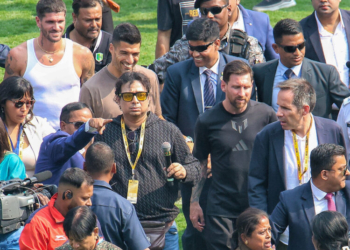 Kolkata: Footballer Lionel Messi with Promoter and organiser of the G.O.A.T India Tour 2025, Satadru Dutta, arrives at the Salt Lake Stadium in Kolkata, Saturday, December 13, 2025. (Photo: IANS)