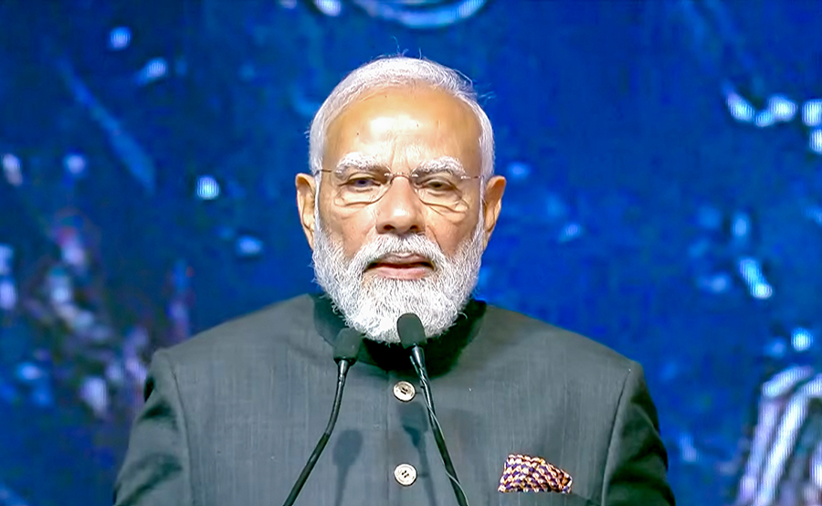 New Delhi: Prime Minister Narendra Modi addresses the inauguration of the Grand International Exposition of Sacred Piprahwa Relics related to Bhagwan Buddha in New Delhi on Saturday, January 3, 2026. (Photo: IANS/Video Grab)