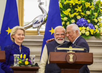 New Delhi: Prime Minister Narendra Modi, President of the European Council António Costa, and President of the European Commission Ursula von der Leyen during the exchange of MoUs between India and the European Union at Hyderabad House, in New Delhi, Tuesday, January 27, 2026. (Photo: IANS)