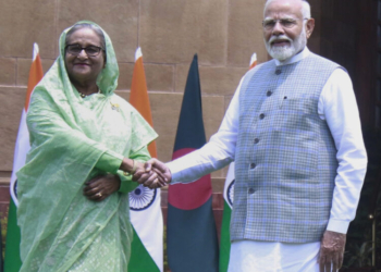 New Delhi:Prime Minister Narendra Modi,shakes hand with Bangladesh Prime Minister Sheikh Hasina before their delegation level meeting, in New Delhi,on Saturday, June 22, 2024.(Photo:IANS/Qamar Sibtain)