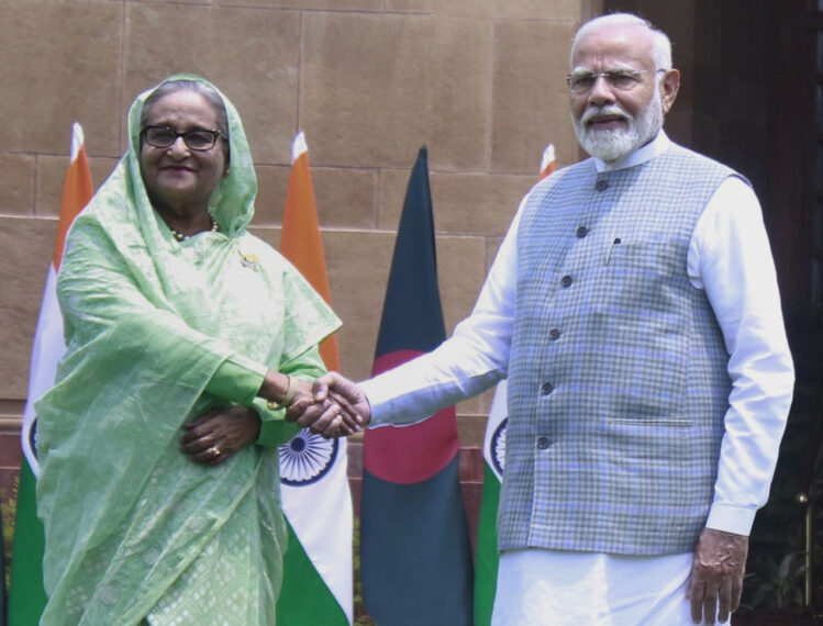 New Delhi:Prime Minister Narendra Modi,shakes hand with Bangladesh Prime Minister Sheikh Hasina before their delegation level meeting, in New Delhi,on Saturday, June 22, 2024.(Photo:IANS/Qamar Sibtain)
