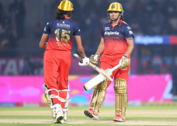 Vadodara: Royal Challengers Bengaluru's Richa Ghosh and Gautami Naik celebrate their partnership during the Women's Premier League 2026 match between Gujarat Giants Women and Royal Challengers Bengaluru Women at BCA Stadium, Kotambi in Vadodara district of Gujarat on Monday, January 19, 2026. (Photo: IANS)