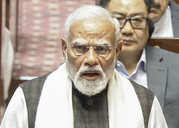 New Delhi: Prime Minister Narendra Modi speaks in the Rajya Sabha during the Budget Session of Parliament in New Delhi on Thursday, February 05, 2026. (Photo: IANS/Video Grab/Sansad TV)