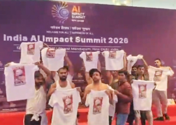 New Delhi: Members of the Indian Youth Congress stage a shirtless protest at the ongoing India AI Impact Summit 2026 at Bharat Mandapam in New Delhi, Tuesday, January 27, 2026, (IANS/Video Grab)
