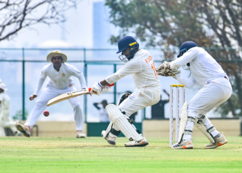 Hubballi: Jammu and Kashmir's Shubham Pundir plays a shot during the Ranji Trophy 2025-26 final match between Jammu and Kashmir and Karnataka in Hubballi on Tuesday, February 24, 2026. (Photo: IANS)