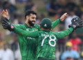 Colombo: Pakistan's Shadab Khan celebrates with teammate Usman Khan after taking the wicket of Namibia's Alexander Busing-Volschenk during the ICC Men's T20 World Cup 2026 Group A match between Pakistan and Namibia at the Sinhalese Sports Club in Colombo on Wednesday, February 18, 2026. (Photo: IANS/Biplab Banerjee)