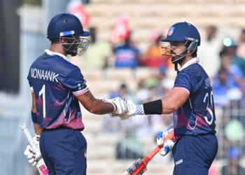 Chennai: United States' Shayan Jahangir and captain Monank Patel during the ICC Men's T20 World Cup 2026 match between United States and Namibia at the MA Chidambaram Stadium in Chennai on Sunday, February 15, 2026. (Photo: IANS/Kushal Doshi)