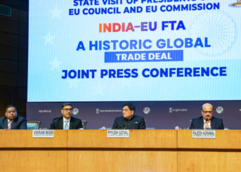 New Delhi: Union Minister of Commerce and Industry Piyush Goyal, Foreign Secretary Vikram Misri and Commerce Secretary Rajesh Agrawal address a press conference on the state visit of the Presidents of the European Council and the European Commission and the IndiaEU Free Trade Agreement in New Delhi on Tuesday, January 27, 2026. (Photo: IANS/Prem Nath Pandey)