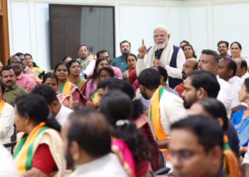 New Delhi: Prime Minister Narendra Modi meets elected BJP Panchayat members from Kerala at 7, Lok Kalyan Marg, in New Delhi on Thursday, February 12, 2026. (Photo: IANS/PMO)