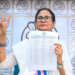 Kolkata: West Bengal Chief Minister and All India Trinamool Congress Chairperson Mamata Banerjee flashes victory sign after announcing the full list of candidates for the upcoming West Bengal Legislative Assembly elections in Kolkata, Tuesday, March 17, 2026. (Photo: IANS/CMO)