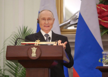 New Delhi: Russian President Vladimir Putin addresses a joint press meet with Prime Minister Narendra Modi (unseen) during his visit to India, in New Delhi on Friday, December 5, 2025. (Photo: IANS/Prem Nath Pandey)