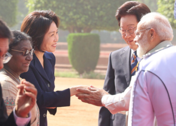 New Delhi: President Droupadi Murmu, Prime Minister Narendra Modi, South Korean President Lee Jae Myung and First Lady Kim Hea Kyung during Lee's ceremonial reception, at Rashtrapati Bhavan in New Delhi, Monday, April 20, 2026. (Photo: IANS/Prem Nath Pandey)