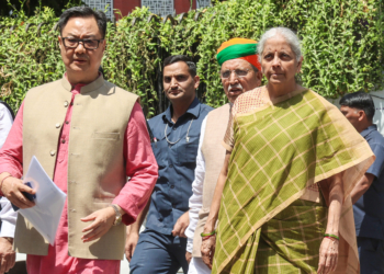 New Delhi: BJP delegation comprising Union Ministers Nirmala Sitharaman, Kiren Rijiju, Arjun Ram Meghwal and BJP National General Secretary Arun Singh leave after meeting the Election Commission of India at Nirvachan Sadan in New Delhi on Wednesday, April 22, 2026. (Photo: IANS/Prem Nath Pandey)