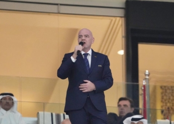 Al Khor : FIFA President Gianni Infantino delivers a speech after the opening ceremony before the Group A match between Qatar and Ecuador at the 2022 FIFA World Cup at Al Bayt Stadium in Al Khor, Qatar, on Nov. 20, 2022. (Xinhua/Xiao Yijiu/IANS)