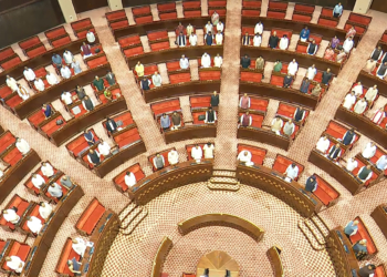 New Delhi: Parliamentarians stand for the national song in the Rajya Sabha during the three-day special session of Parliament in New Delhi on Saturday, April 18, 2026. The Rajya Sabha on Saturday adjourned sine die. (Photo: IANS/Sansad TV)