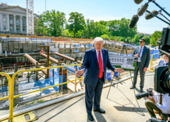 Washington D.C.: US President Donald Trump gives members of the media a look at the White House Ballroom construction project at the White House in Washington D.C. on Tuesday, May 19, 2026. (Photo: IANS/X/@WhiteHouse)