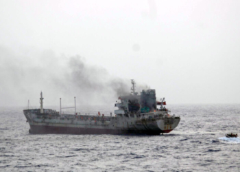 Gulf of Oman: Thick smoke billows from MT Yi Cheng 6 as Indian Navy personnel approach the burning vessel during a firefighting operation on Saturday, June 29, 2025. (Photo: IANS/X/@indiannavy)