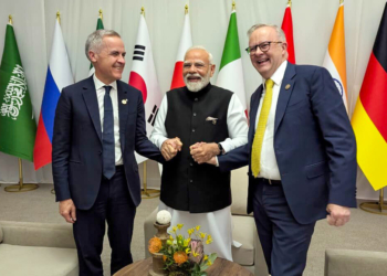 Johannesburg: Prime Minister Narendra Modi meets Australian Prime Minister Anthony Albanese and Canadian Prime Minister Mark Carney on the sidelines of the G20 Summit in Johannesburg, South Africa, on Saturday, November 22, 2025. (Photo: IANS/PMO)