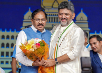 Bengaluru: Newly sworn-in Karnataka Chief Minister D.K. Shivakumar and Deputy Chief Minister G. Parameshwara during the swearing-in ceremony at Lok Bhavan in Bengaluru on Wednesday, June 03, 2026. (Photo: IANS)