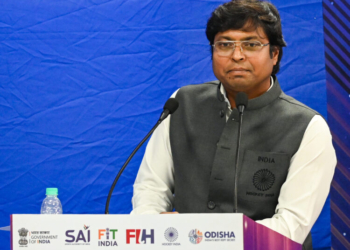 New Delhi: Hockey India President Dr. Dilip Tirkey addresses a press conference at Major Dhyan Chand Stadium, in New Delhi on Monday, November 3, 2025. (Photo: IANS/Deepak Kumar)