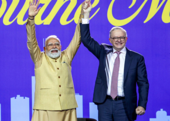 Melbourne: Prime Minister Narendra Modi with Australian Prime Minister Anthony Albanese during the Indian community event in Melbourne, Australia, on Thursday, July 9, 2026. (Photo: IANS/PMO)