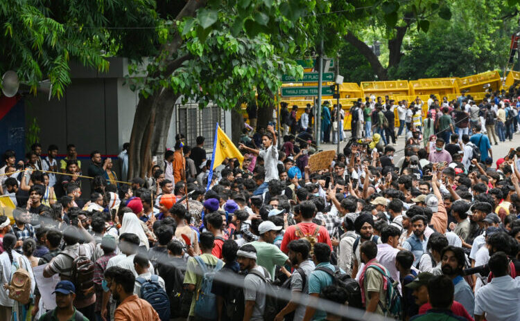 New Delhi: Protesters gather at Jantar Mantar during the Cockroach Janata Party’s protest demanding the resignation of Union Education Minister Dharmendra Pradhan over alleged examination irregularities at Jantar Mantar in New Delhi on Thursday, July 23, 2026. (Photo: IANS/Wasim Sarvar)