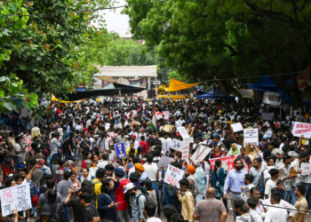 New Delhi: Protesters gather at Jantar Mantar during the Cockroach Janata Party’s protest demanding the resignation of Union Education Minister Dharmendra Pradhan over alleged examination irregularities at Jantar Mantar in New Delhi on Thursday, July 23, 2026. (Photo: IANS/Wasim Sarvar)