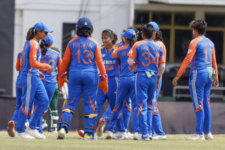 Dambulla: Renuka Singh of India and her teammates celebrate a dismissal during the Women's Asia Cup T20 match between the India Women and Bangladesh Women teams at the Rangiri Dambulla International Stadium in Dambulla on Friday, July 26, 2024. (Photo: IANS/@BCCIWomen)