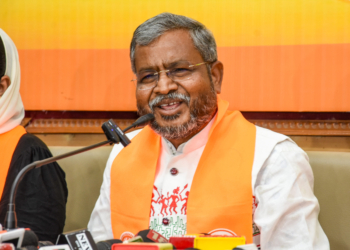 Ranchi: Leader of Opposition in the Jharkhand Legislative Assembly and BJP MLA Babulal Marandi addresses a press conference at the BJP headquarters in Ranchi, Jharkhand, on Sunday, May 24, 2026. (Photo: IANS)