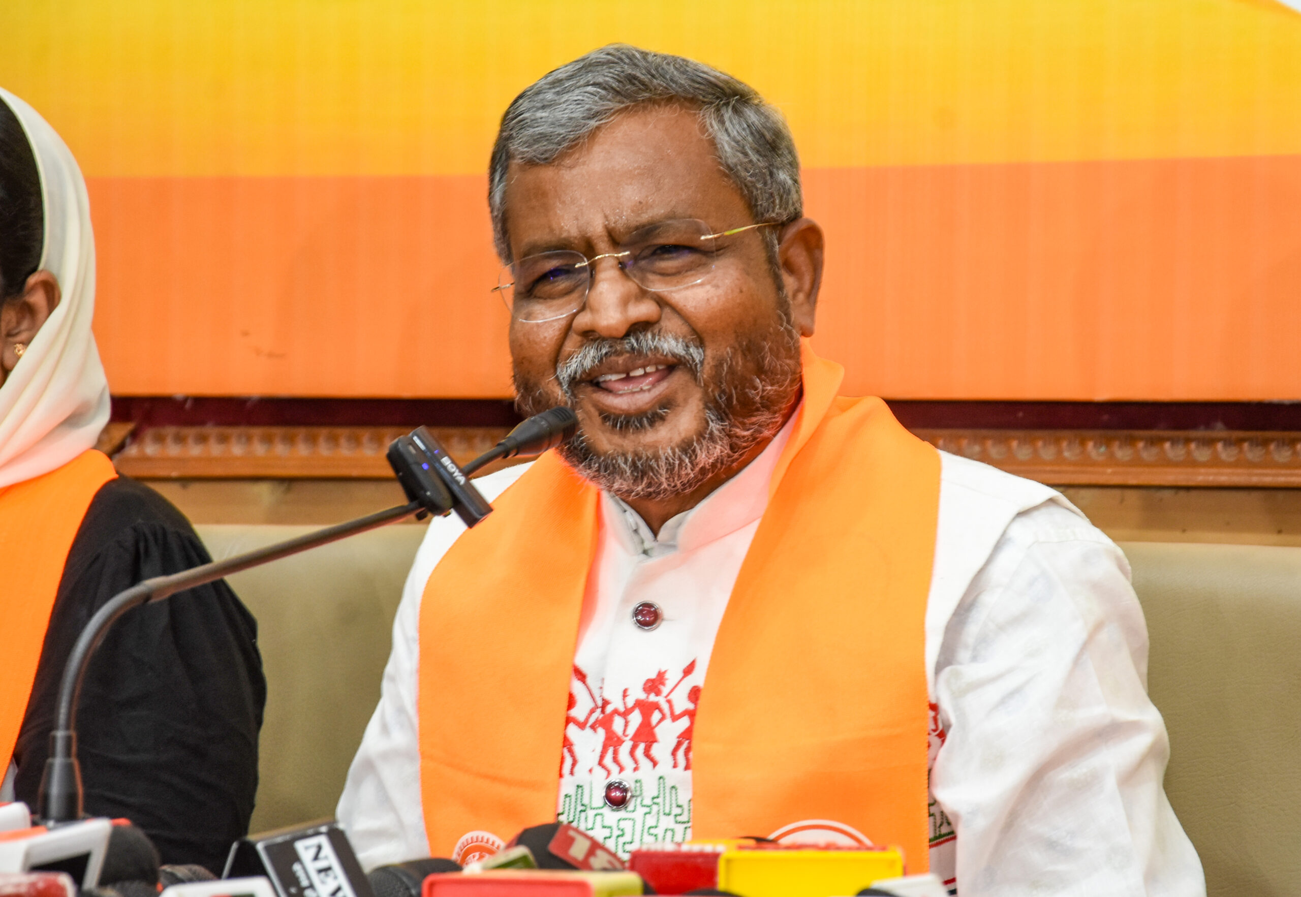 Ranchi: Leader of Opposition in the Jharkhand Legislative Assembly and BJP MLA Babulal Marandi addresses a press conference at the BJP headquarters in Ranchi, Jharkhand, on Sunday, May 24, 2026. (Photo: IANS)