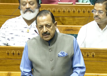 New Delhi: Union Minister Jitendra Singh speaks in the Lok Sabha during the Monsoon Session of Parliament in New Delhi on Wednesday, August 5, 2026. (Photo: IANS/Sansad TV)