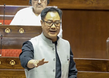 New Delhi: Union Minister of Minority Affairs Kiren Rijiju speaks in the Rajya Sabha during the Monsoon Session of Parliament in New Delhi on Friday, August 07, 2026. (Photo: IANS/Sansad TV)