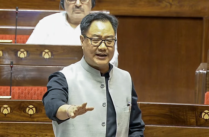 New Delhi: Union Minister of Minority Affairs Kiren Rijiju speaks in the Rajya Sabha during the Monsoon Session of Parliament in New Delhi on Friday, August 07, 2026. (Photo: IANS/Sansad TV)