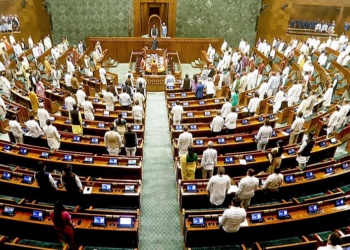 New Delhi: Lok Sabha Speaker Om Birla and other MPs stand for the national song in the House during the Monsoon Session of Parliament in New Delhi on Thursday, August 13, 2026. Lok Sabha on Thursday adjourned sine die. (Photo: IANS/Sansad TV)
