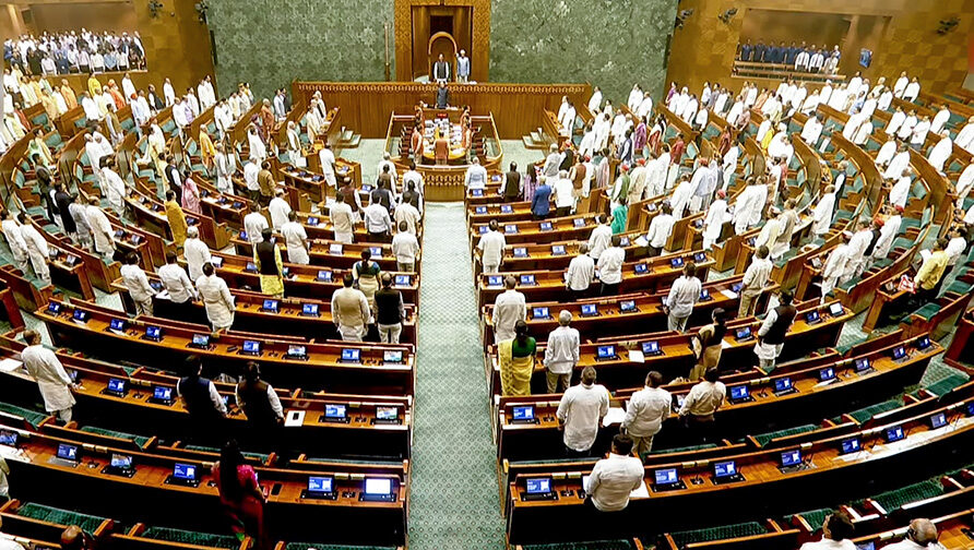 New Delhi: Lok Sabha Speaker Om Birla and other MPs stand for the national song in the House during the Monsoon Session of Parliament in New Delhi on Thursday, August 13, 2026. Lok Sabha on Thursday adjourned sine die. (Photo: IANS/Sansad TV)
