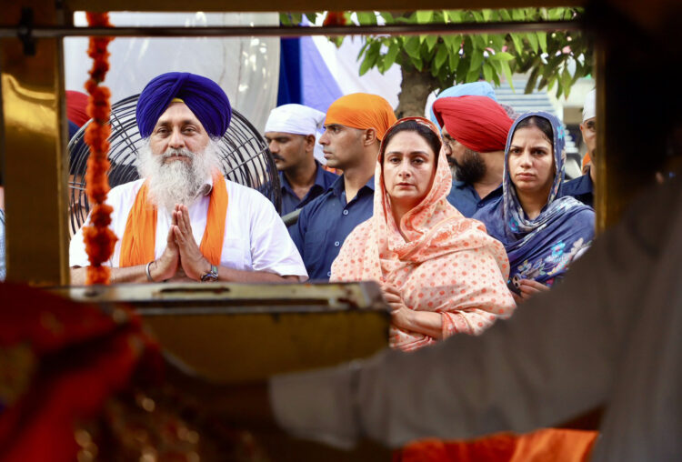 Sri Muktsar Sahib: Shiromani Akali Dal president Sukhbir Singh Badal along with his wife Harsimrat Kaur Badal pays obeisance during the Miri Piri Khalsa March at Badal village in Sri Muktsar Sahib district of Punjab on Monday, August 3, 2026. (Photo: IANS/X/@officeofssbadal)